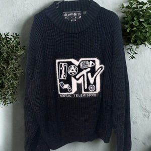 MTV Music Television Sweater 1989 Cable Knit Black Size XL Rare Vintage